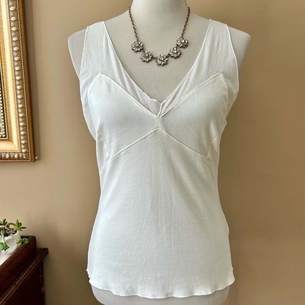 Raquel Allegra Poppy Tank White Sleeveless Sheer Mesh V-Neck Babydoll Size 1 M